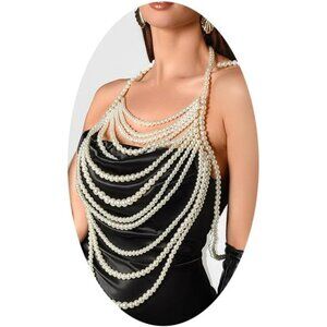 Women White Layered Pearl Bra Shoulder Necklace Top Bra Chain Rave Body Jewelry
